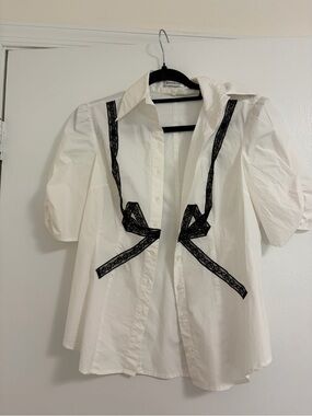 Vintage Bebe White Puff Sleeve Button-Down Top with Black Lace Trim